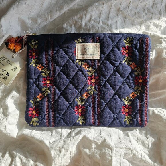Sezane x Lucia Vergara Max Flat Pouch - Marine Blue w/ Jazmin Embroidery - NWT - Picture 2 of 12